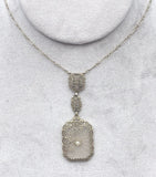 14k White Gold Genuine Natural Rock Crystal Quartz Deco Filigree Necklace #J6173