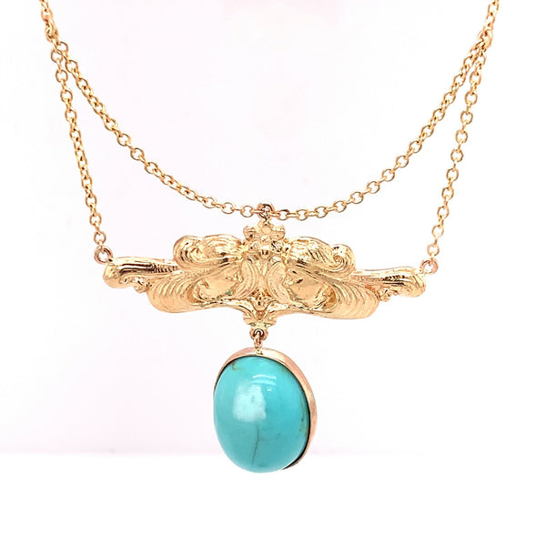 14k Gold Genuine Natural Turquoise Festoon Necklace Nouveau Style (#J4882)