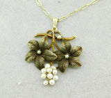 10k Yellow Gold Victorian Leaf Flower Pearl Pendant (#J4549)