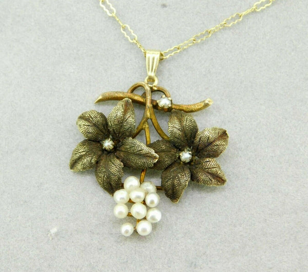 10k Yellow Gold Victorian Leaf Flower Pearl Pendant (#J4549)