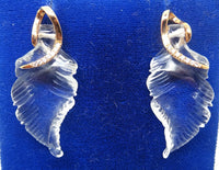 14k Rose Gold Carved Genuine Natural Rock Crystal Quartz Leaf Earrings (#J128)