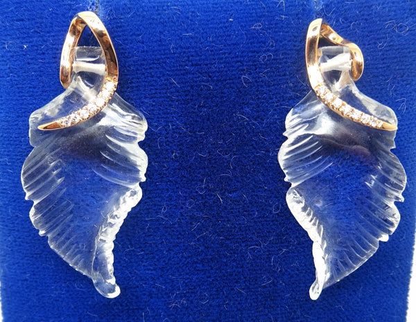 14k Rose Gold Carved Genuine Natural Rock Crystal Quartz Leaf Earrings (#J128)