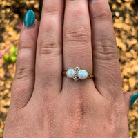 14k Yellow Gold Twin Round Genuine Natural Opal Ring with Diamonds (#J5813)