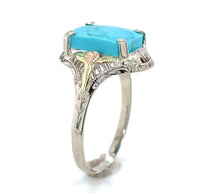 10k Gold Genuine Natural Turquoise Ring w/ Rose and Green Gold Flowers (#J6565)