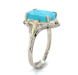 10k Gold Genuine Natural Turquoise Ring w/ Rose and Green Gold Flowers (#J6565)