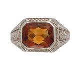 14k White Gold Hand Engraved Genuine Natural Citrine Ring Size 8 (#J7500)