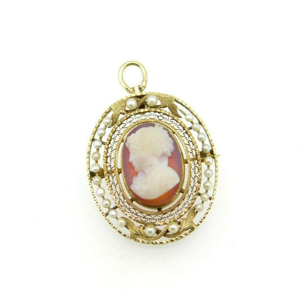 14k Yellow Gold Victorian Stone Cameo and Pearl Pin Pendant (#J5011)