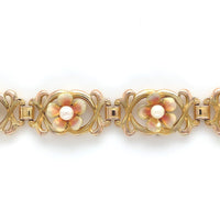 14k Yellow Gold Art Nouveau Enamel Flower Pearl Bracelet Jewelry (#J6091)
