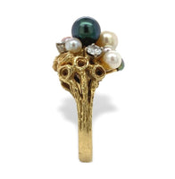 18k Yellow Gold Black White and Pink Pearl and Diamond Ring Size 6.5 (#J7080)