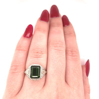 14k White Gold Art Deco 4.34ct Genuine Natural Tourmaline Filigree Ring (#J5762)