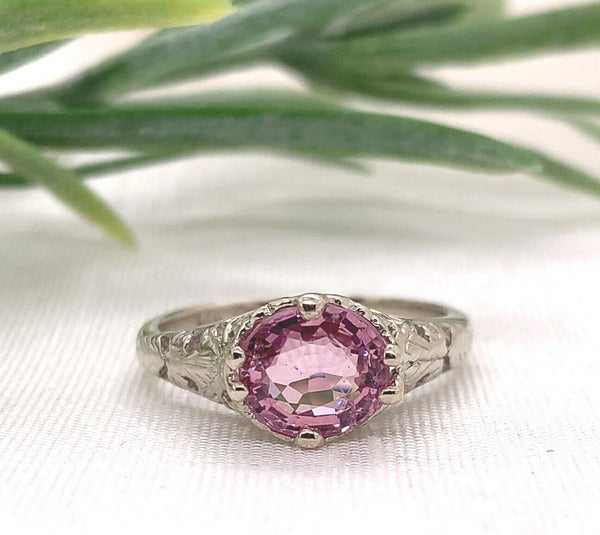 14k White Gold Filigree 1.39 Carat Pink Genuine Natural Spinel Ring (#J7153)