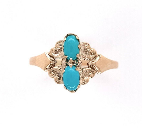 10k Yellow Gold Two Stone Genuine Natural Turquoise Ring Size 6.25 (#J6398)