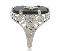 14k White Gold Floral Filigree Genuine Natural Black Onyx Diamond Ring (#J6599)