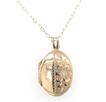 14k Yellow Gold Very Small Oval Locket Engraved Flower with Chain (#J6523)