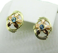 Retro 14k Gold Genuine Natural Aquamarine Earrings w/ Rose Gold Flowers (#J2522)