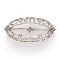 14k Gold Genuine Natural Rock Crystal Quartz and Diamond Filigree Pin (#J6205)