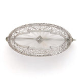 14k Gold Genuine Natural Rock Crystal Quartz and Diamond Filigree Pin (#J6205)