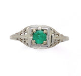 Art Deco 14k White Gold Filigree Ring with .18ct Genuine Natural Emerald #J6408
