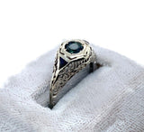 18k Art Deco Filigree Sapphire Ring w/ Synthetic Lab-Created Sapphires (#J6310)
