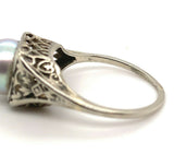 18k White Gold Art Deco 8mm Pearl Filigree Ring (#J5450)