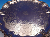 English Silverplate Salver Tray w/ Lion Crest Round Footed Floral 12" (#9202)