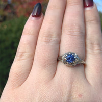 18k White Gold Filigree Ring with 1 Carat Blue Genuine Natural Sapphire (#J6461)