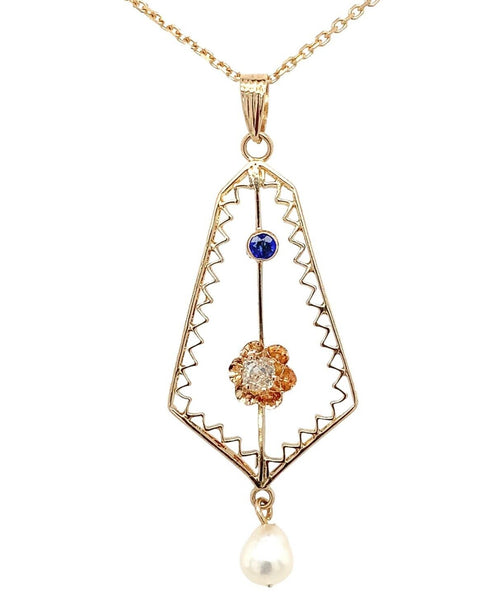 10k Yellow Gold Victorian Diamond and Pearl Lavaliere Pendant Jewelry (#J1092)