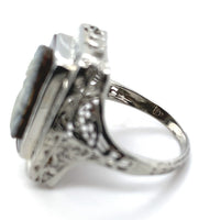 18k White Gold Filigree Genuine Natural Hard Stone Agate Cameo Ring (#J6215)