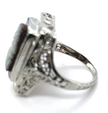 18k White Gold Filigree Genuine Natural Hard Stone Agate Cameo Ring (#J6215)