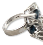 18k White Gold Genuine Natural Sapphire Diamond Modernist Handmade Ring (#J7081)