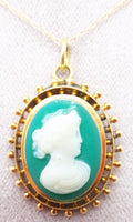 14K Gold Green Genuine Natural Cameo Pendant (#J3372)