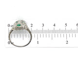 18k 3-Stone Diamond Filigree Ring with Synthetic Lab-Created Emeralds (#J5827)