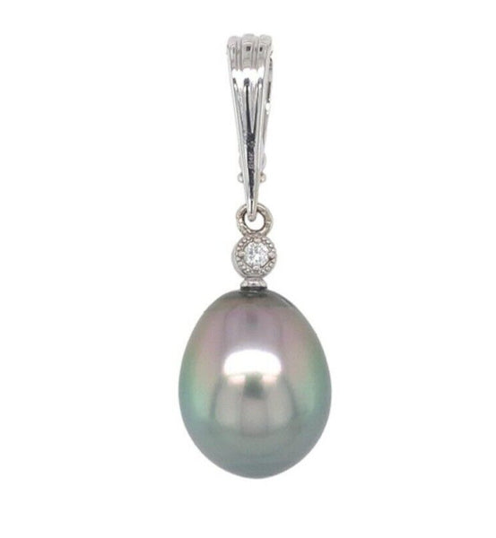 14k Gold Large 14.2mm Black Tahitian Pearl Enhancer Pendant Peacock Color #J7030
