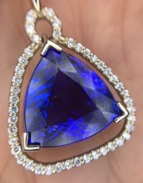 14k Gold 8.94ct Trillion Cut Genuine Natural Tanzanite Pendant w/Diamonds #J2840