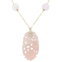 14k Yellow Gold Art Deco Carved Genuine Natural Rose Quartz Necklace (#J7180)