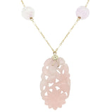 14k Yellow Gold Art Deco Carved Genuine Natural Rose Quartz Necklace (#J7180)