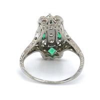 18k 3-Stone Diamond Filigree Ring with Synthetic Lab-Created Emeralds (#J5827)