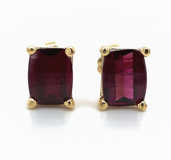 14k Gold Barrel Cut 3.53ct TW Genuine Natural Rhodolite Garnet Earrings (#J6106)