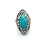 14k White Gold Art Deco Genuine Natural Turquoise Filigree Ring (#J5217)