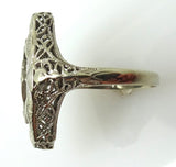 Art Deco 14k White Gold Three Genuine Natural Diamond Filigree Ring (#J3809)