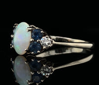 14k White Gold Genuine Natural Opal Ring with Diamonds and Sapphires (#J5948)