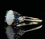 14k White Gold Genuine Natural Opal Ring with Diamonds and Sapphires (#J5948)