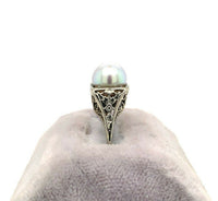 18k White Gold Art Deco 8mm Pearl Filigree Ring (#J5450)