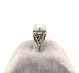 18k White Gold Art Deco 8mm Pearl Filigree Ring (#J5450)