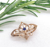 Victorian 10k Rose Gold Watch Pin with Pearls and Blue Paste Stones (#J7545)