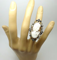 10k Gold Huge Oval Genuine Natural Cameo Ring with Diamonds (#J3735)