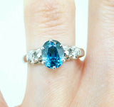 14k White Gold Large Teal Blue Genuine Natural Zircon and Diamond Ring (#J5047)