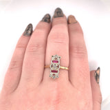 Filigree 18K Gold Ring with Diamonds and Synthetic Lab-Created Rubies (#J6034)