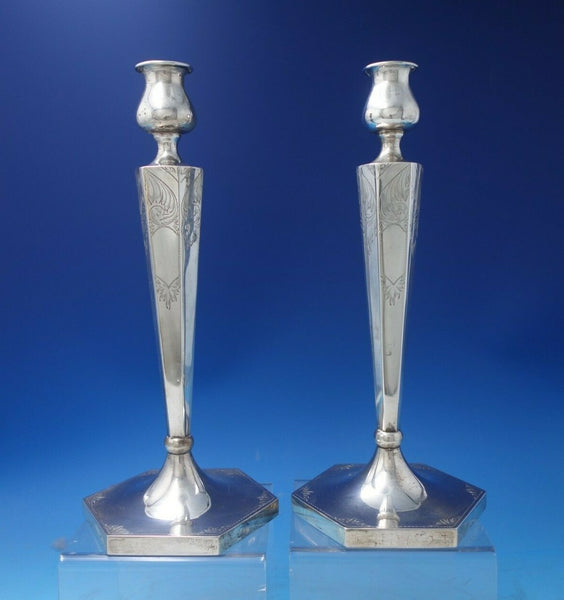 Bright-Cut AC Sterling Silver Candlestick Pair 12" x 5 1/2" 13.4 ozt. (#5765)