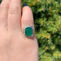 10k White Gold Filigree Ring with Genuine Natural Green Onyx w/ Accents (#J6598)
